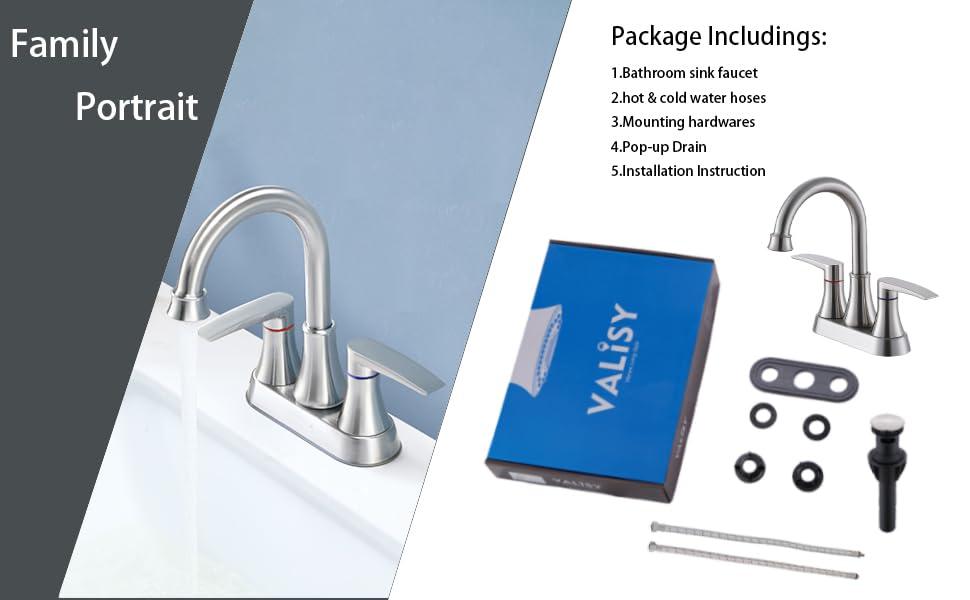 Brushed Nickel Bathroom Faucet, 2-Handle Lead-Free 360° Swivel High-Arc Spout 4 Inch Centerset Bath Lavatory Vanity Sink Faucets Set for Sinks with Drain & Water Hoses, VABM80008L