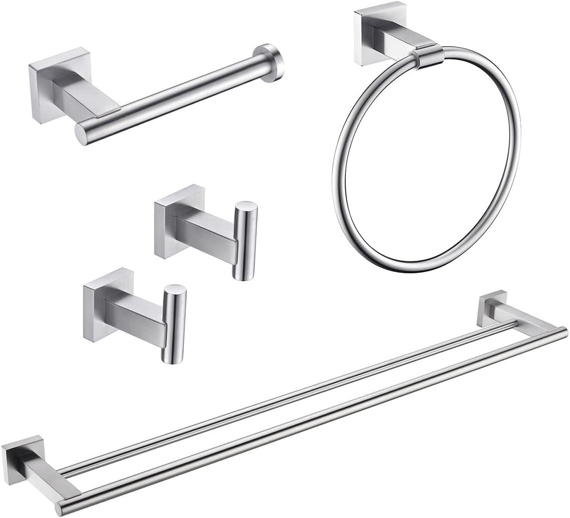 Brushed Nickel 5-Piece Bathroom Hardware Set with Double Towel Bar