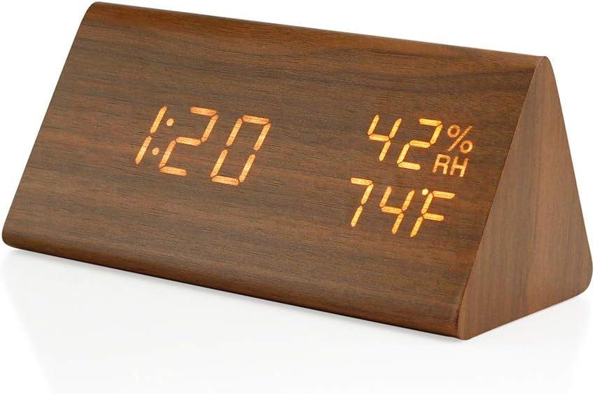 Digital Alarm Clock, with Wooden Electronic LED Time Display, Alarm Settings, Humidity & Temperature Detect, Wood Made Electric Clocks for Bedroom, Bedside,brown，G169865