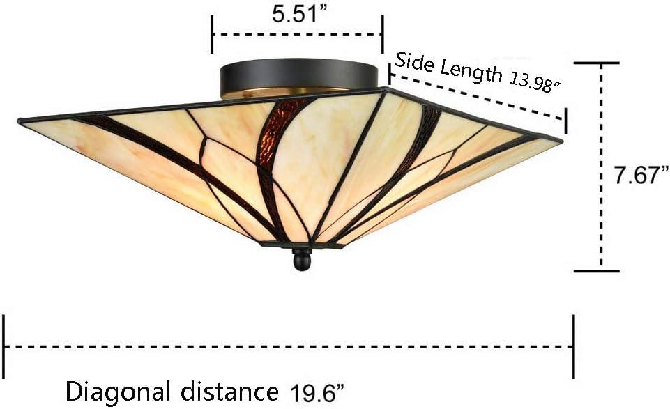 Vintage Semi Flush Ceiling Light Antique Brass Art Colorful Glass Shade 3-Light