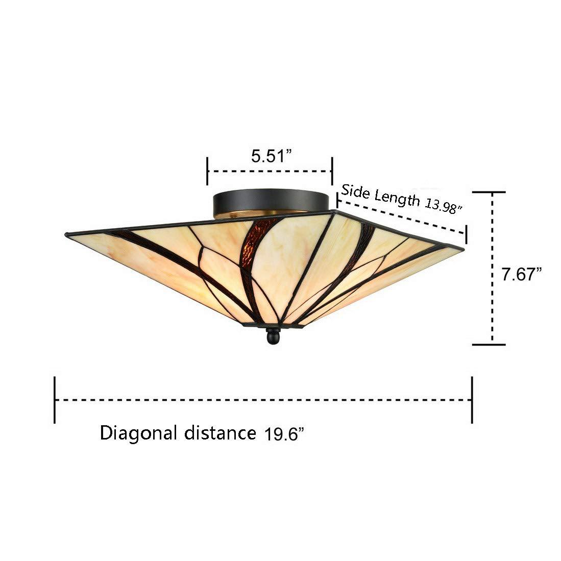 Vintage Semi Flush Ceiling Light Antique Brass Art Colorful Glass Shade 3-Light