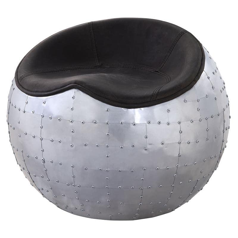 ACME Brancaster Leather Upholstered Ottoman in Antique Ebony and Aluminum