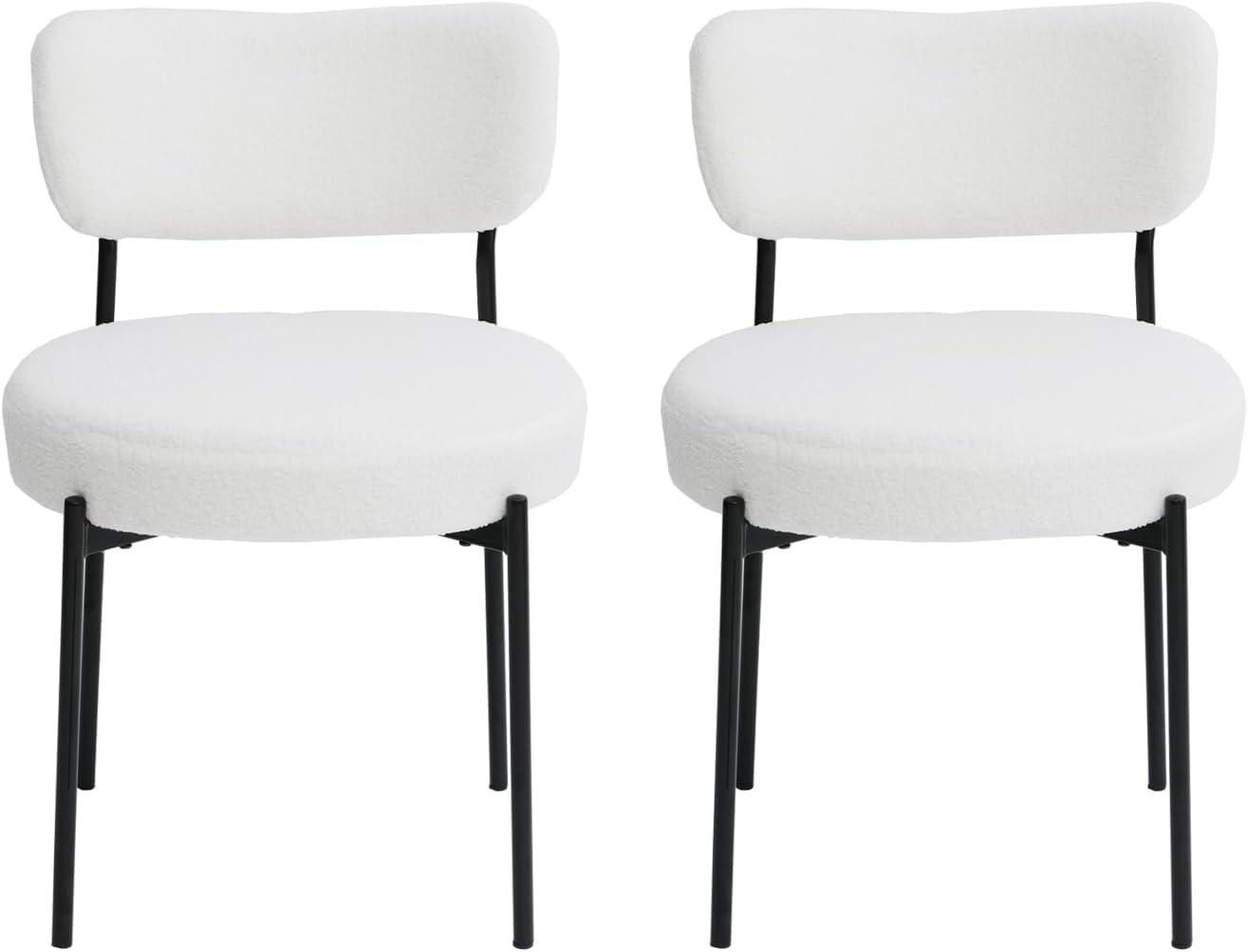 White Dining Chairs Set of 2, Boucle Dining Chairs, Upholstered Kitchen and Dining Room Chairs, Mid-Century Modern Dining Chairs with Black Metal Legs