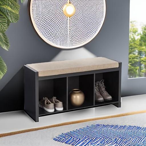 Honey-Can-Do Wood 3-Cubby Shoe Storage Organizer Bench with Cushion, Black/Tan