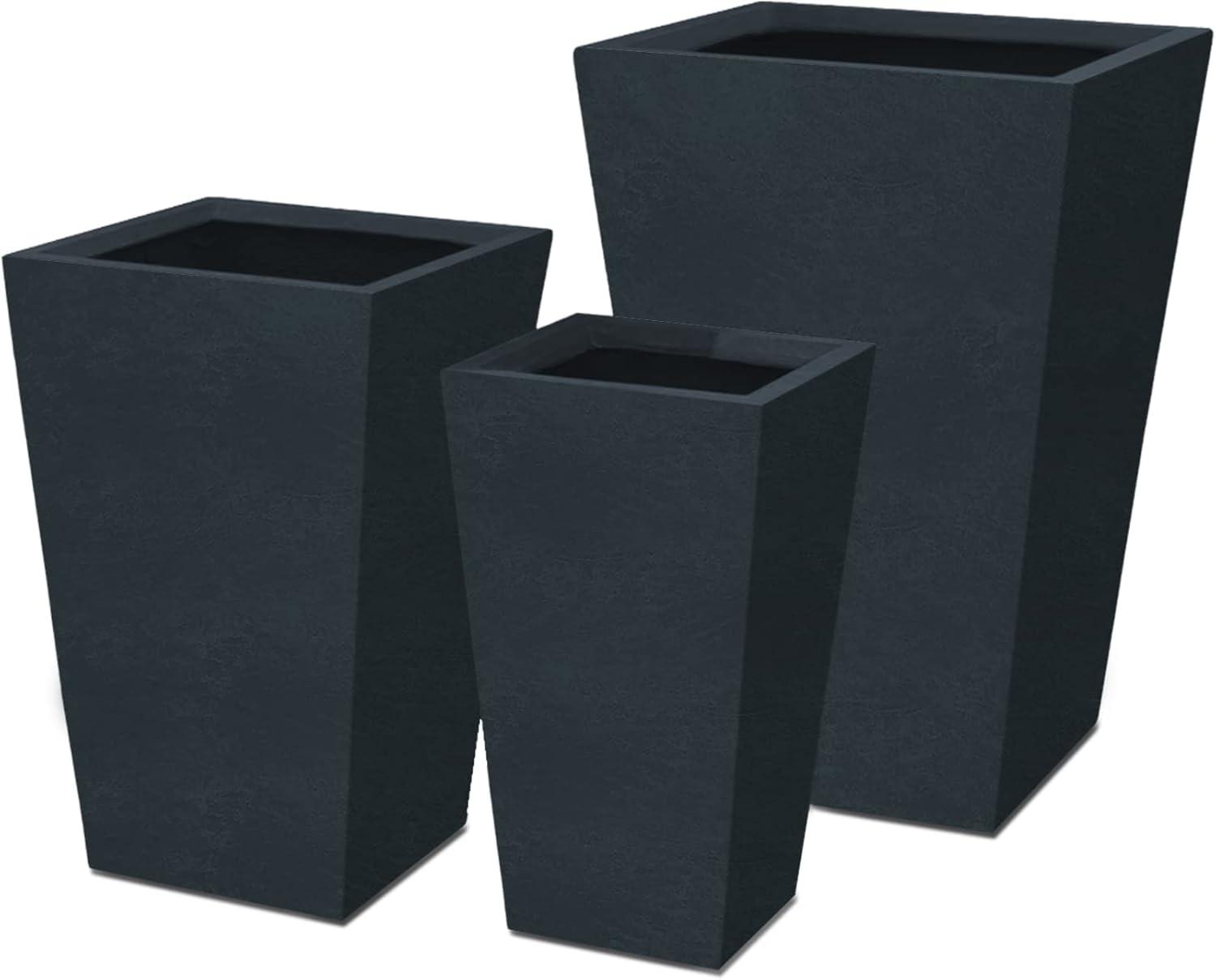 Charcoal Finish Tall Concrete Planter Set with Drainage Holes