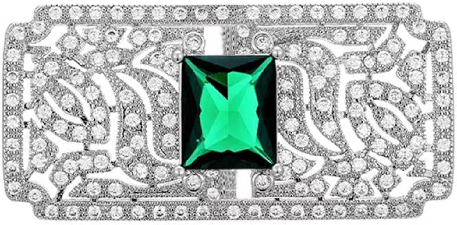 Bohemian Green CZ Rectangle Brooch Pin for Women Silver Plated Dainty Emerald Birthstone Vintage Filigree Geometric Brooches Lapel Pins Dress Accessories Wedding Mother's Birthday Jewelry Gift