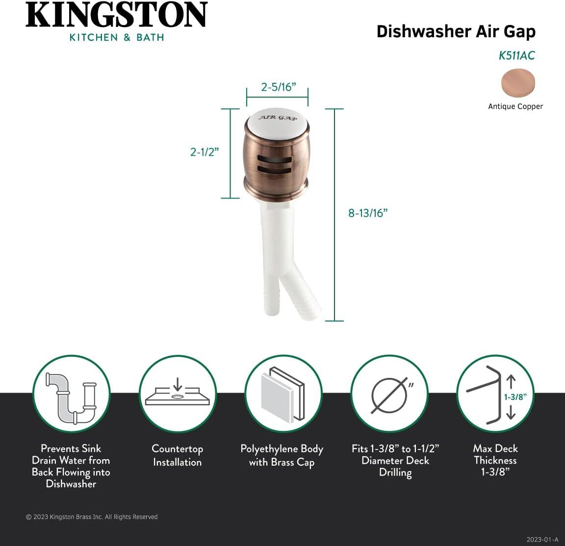 Kingston Brass K511AC Heritage Dishwasher Air Gap, Antique Copper