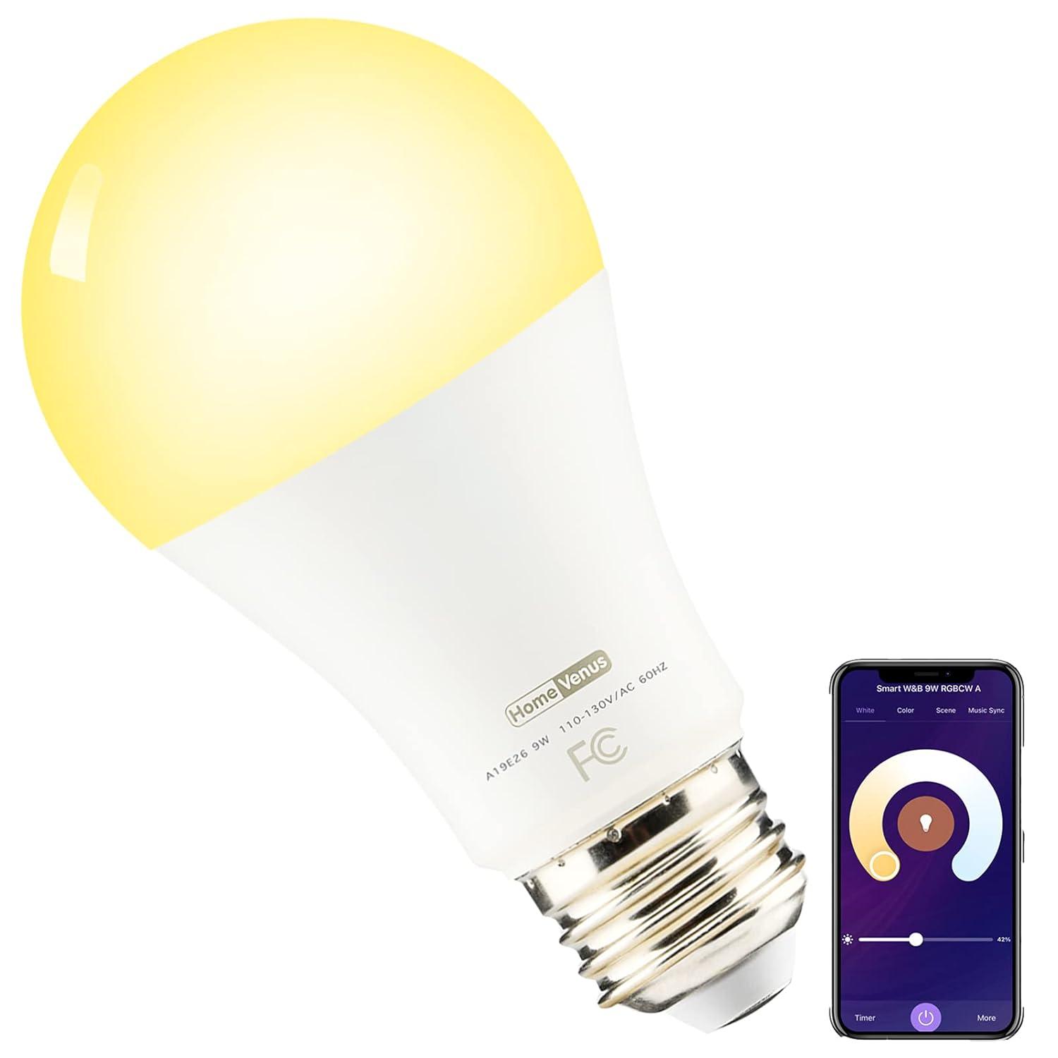 Homevenus HVS Smart Light Bulbs,9W A19 E26 Dimmable Tunable Cool Warm White LED Light Bulb 2500k-6500k, APP Control 2.4GHz WiFi Bluetooth Assist Connection, Work with Alexa/Google Assistant 1 Pack