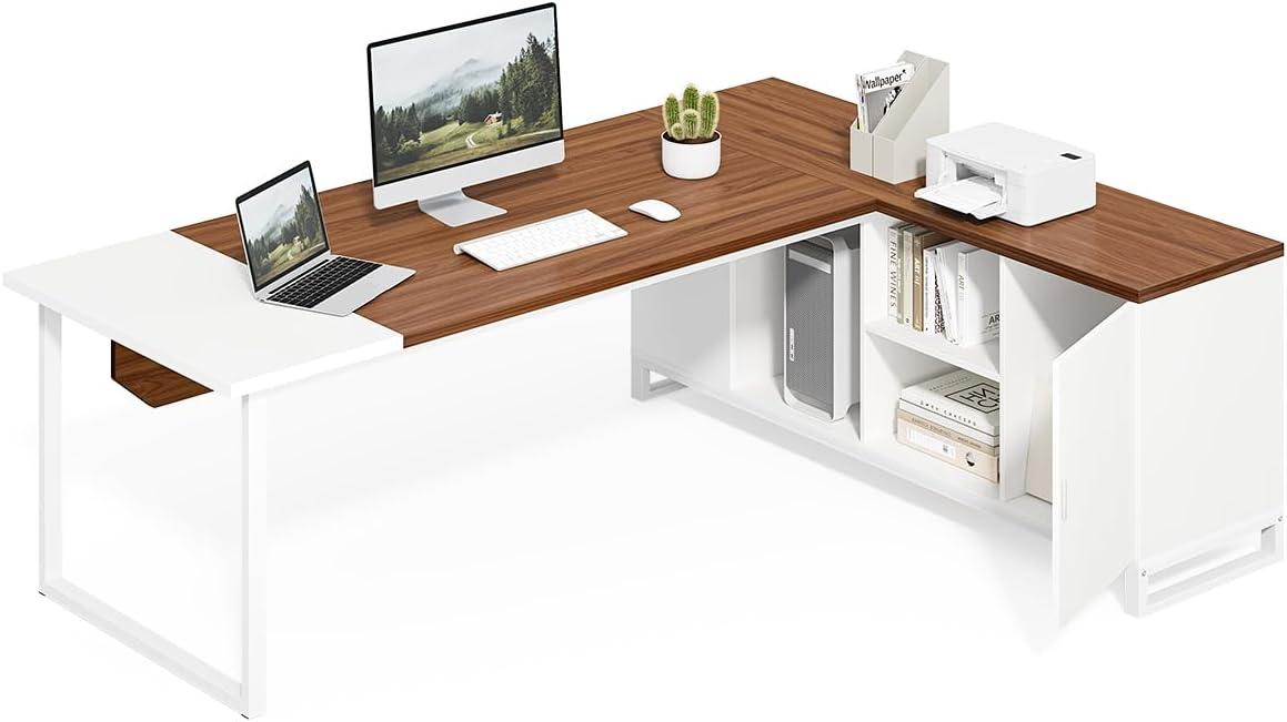 LITTLE TREE 70.8 Inches Executive Desk and 55 Inches File Cabinet Combo, Large L Shaped Computer Desk with Storage Cabinet and Shelves, Modern Business Furniture for Home Office, Rustic Brown & Black