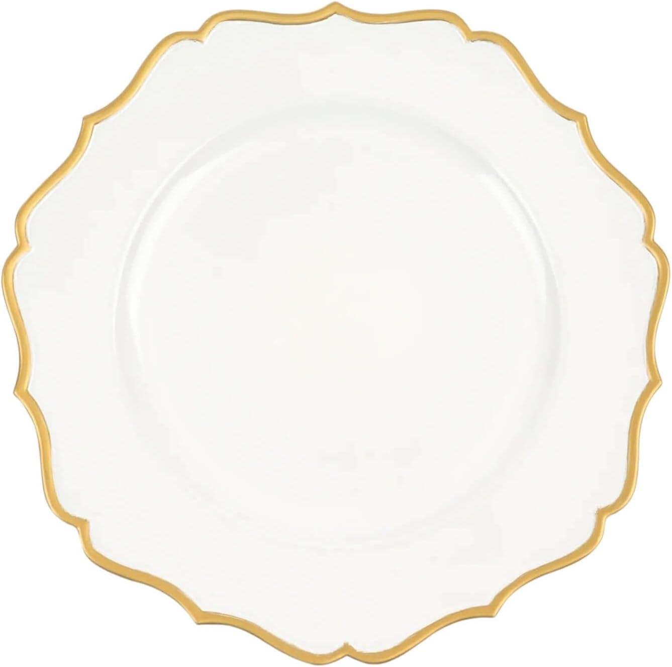 Efavormart 6 Pack | White & Gold 13" Round Scallop Rim Plastic Charger Plates, Tabletop Dinnerware Decor