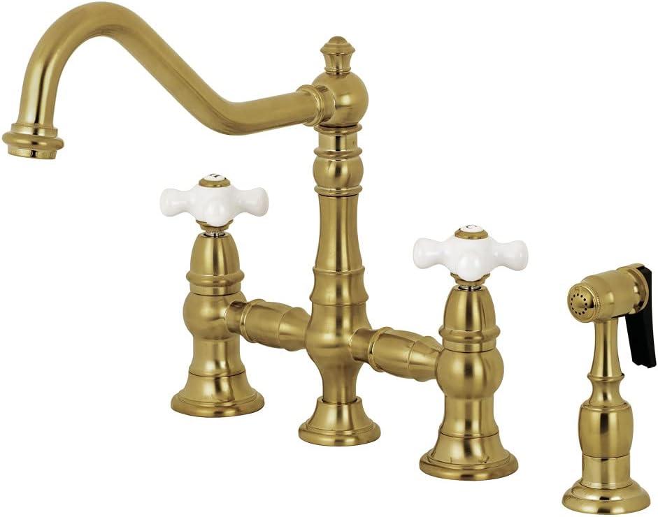 Kingston Brass Restoration Two-Handle 4-Hole Deck Mount Bridge Kitchen Faucet with Brass Side Sprayer