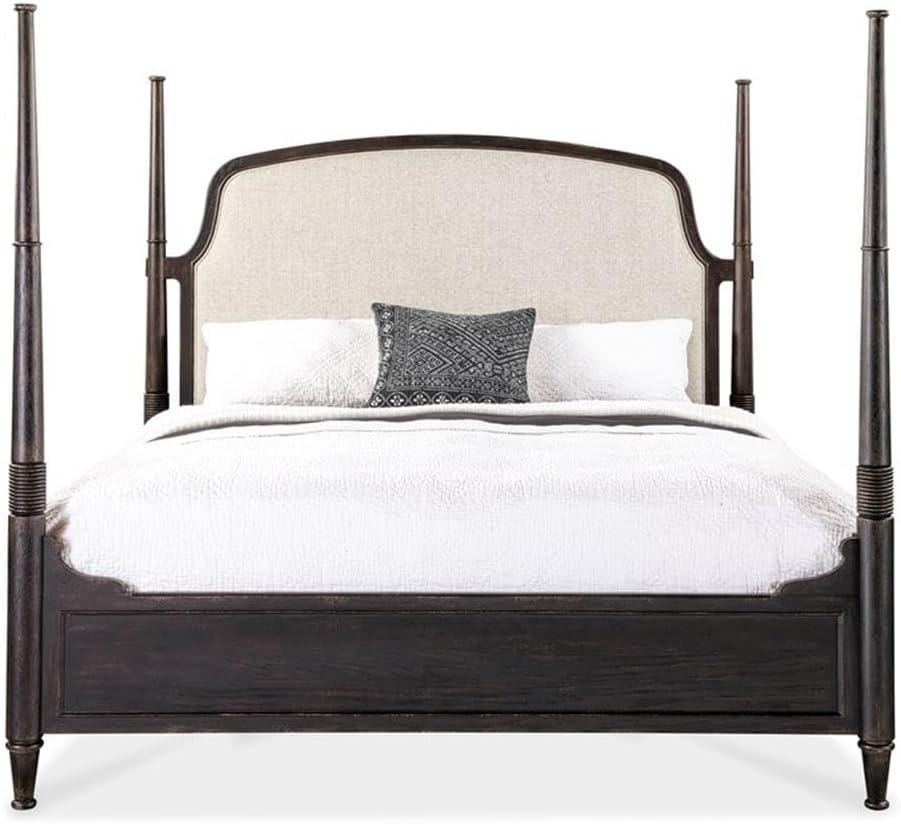 Rustic Beige King Upholstered Poster Bed with Wood Frame