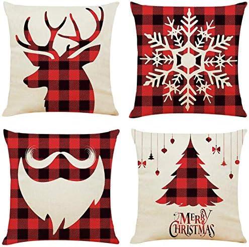 Christmas Red and Black Plaid Cotton Linen Embroidered Euro Pillow Covers