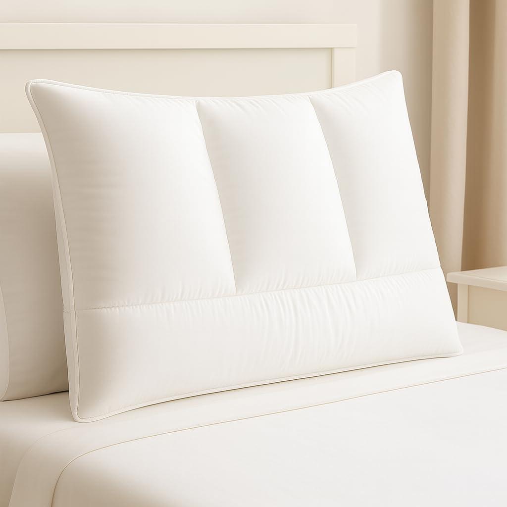 Continental Bedding 3-Chamber Down Pillow - Thin Profile with Partial Pressure Design, 2” Gusset & Sateen Piping, 100% Cotton – Standard, Queen, King