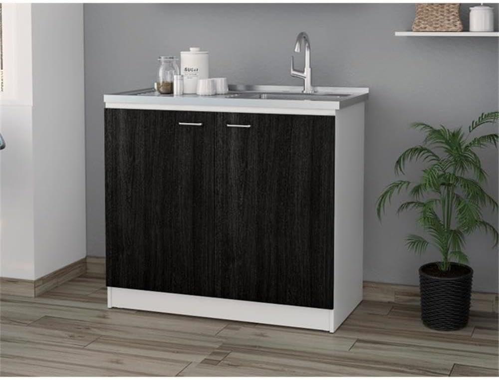 Napoles Utility Sink Cabinet With Integrated Steel Sink, Dark Walnut Frame