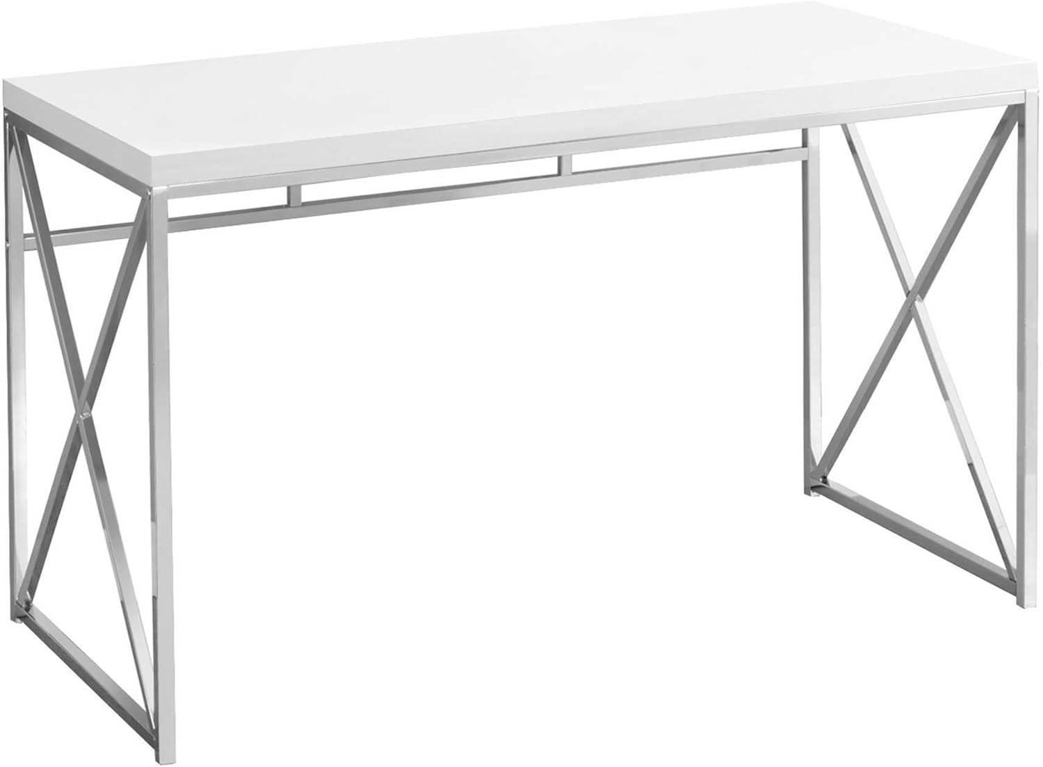 Monarch Specialties Computer Desk, Home Office, Laptop, Work, Glossy White Laminate, Chrome Metal