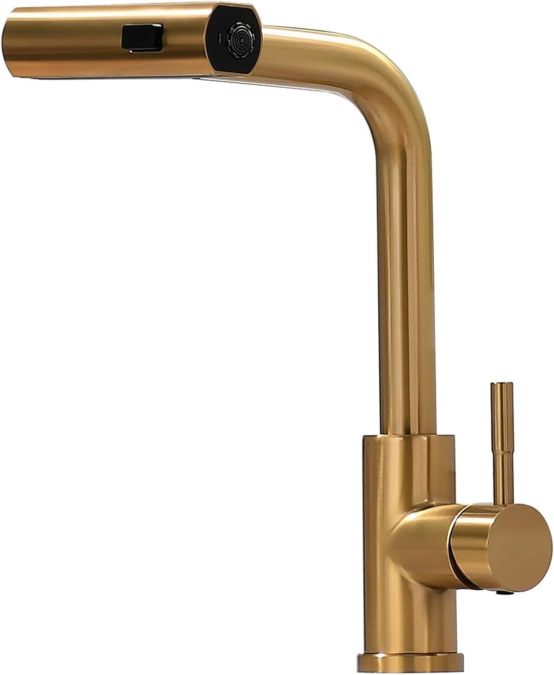 Kitchen Faucets with Pull Down Sprayer, Brushed Gold Waterfall Kitchen Sink Faucet with Soap Dispenser, Single Hole Stainless Steel Kitchen Faucet, Modern Single Handle Pull Out Kitchen Faucet