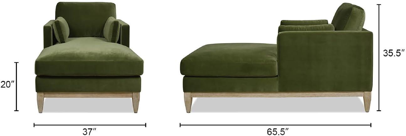 Olive Green Velvet and Wood Chaise Lounge Chair