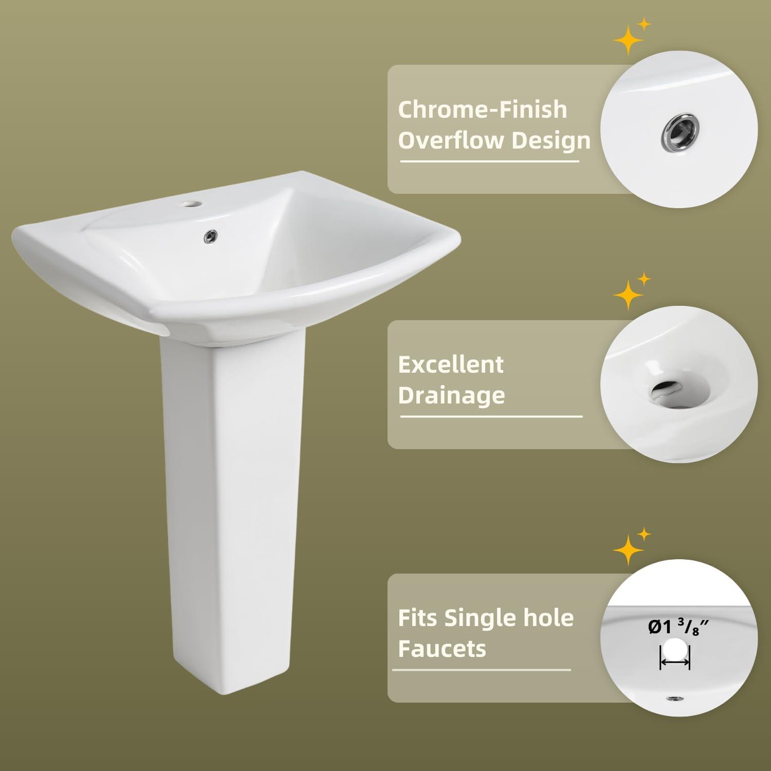 Classic Vintage Bathroom Pedestal Sink, Los Flexi 23"W x 19"D White Ceramic Freestanding Sinks for bathrooms, Overflow, 3 Pre-Drilled Holes for 4-Inch Faucets, Easy Install