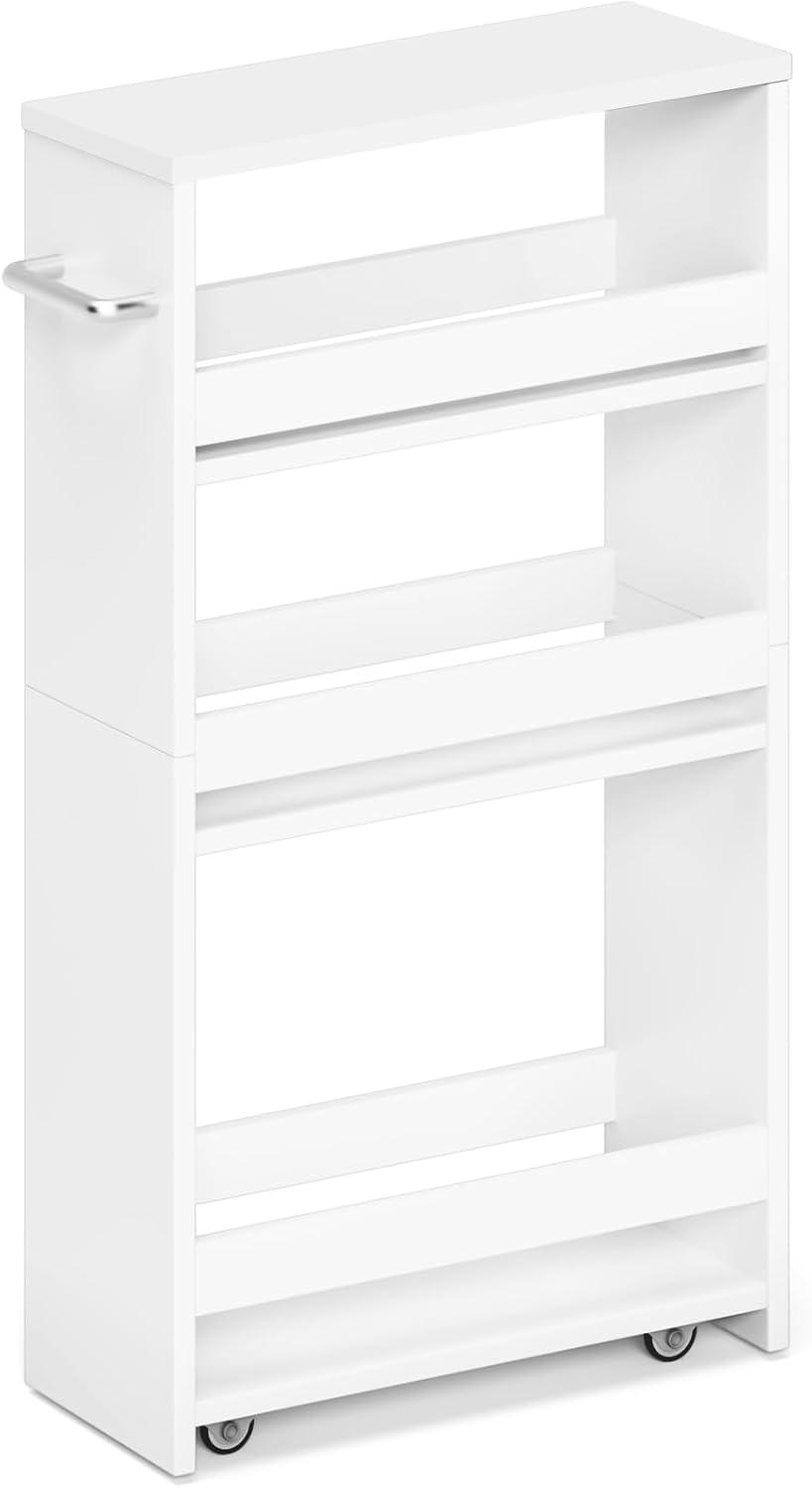 4 Tier White Slim Storage Cart with Handle, 7.9''W Slide Out Storage Rolling Utility Cart Mobile Shelving Unit Organizer Trolley for Small Spaces Kitchen Laundry Narrow Places