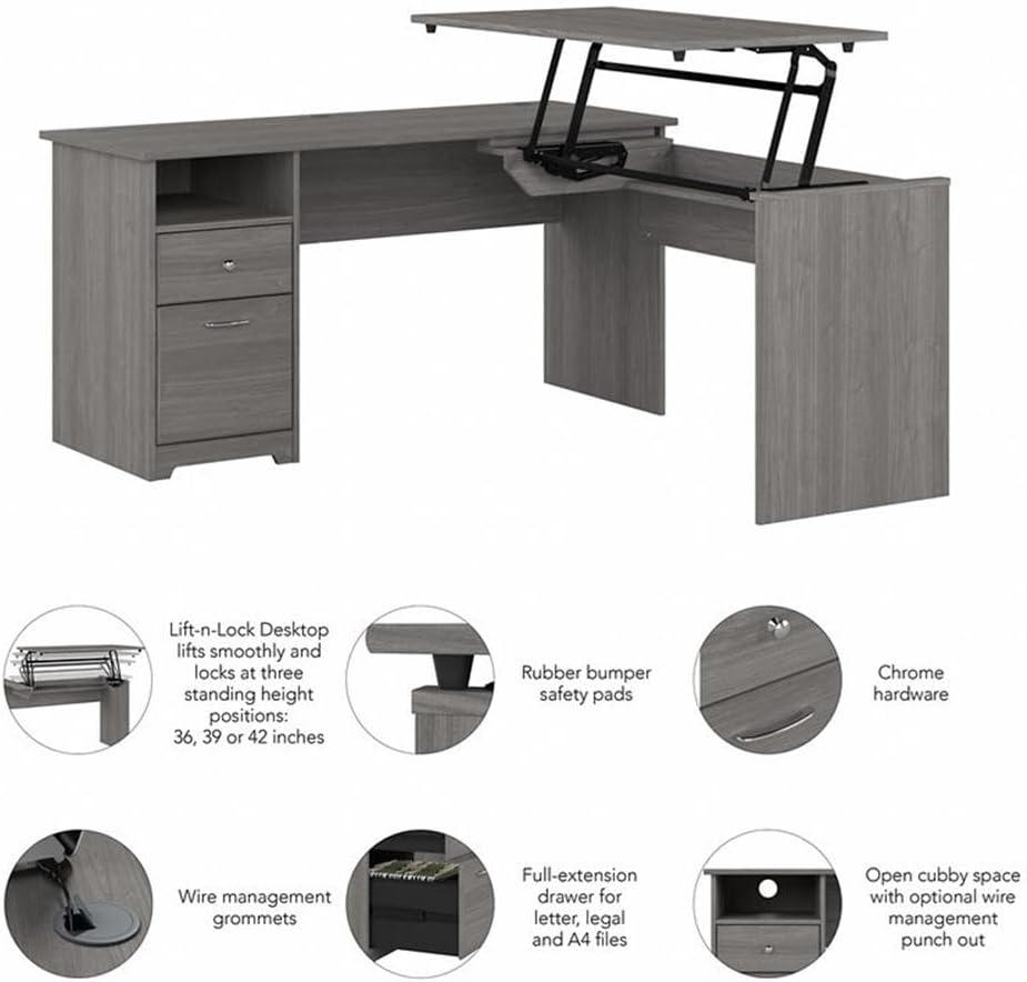 Modern Gray Adjustable Height L-Shaped Home Office Desk with Drawers