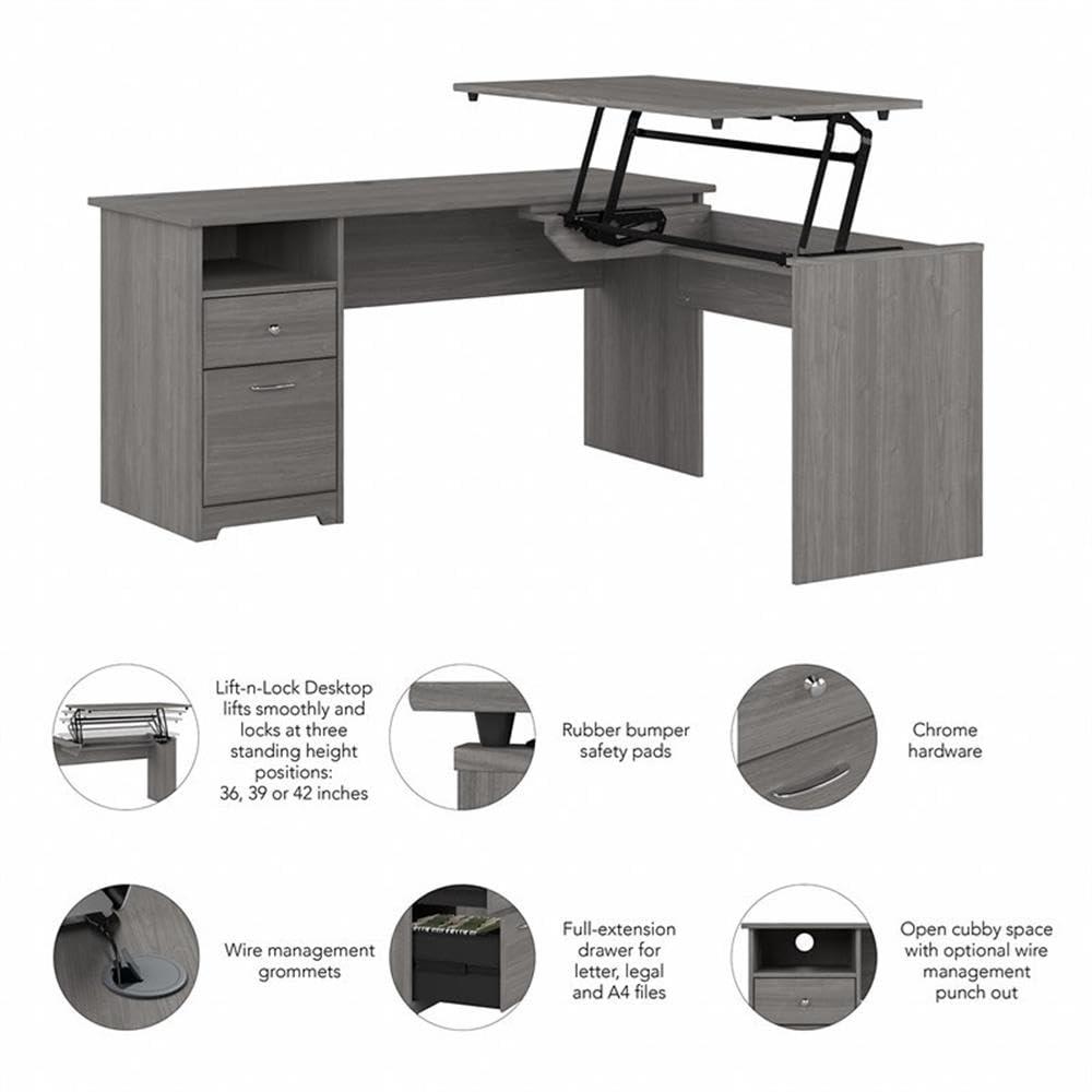 Modern Gray Adjustable Height L-Shaped Home Office Desk with Drawers