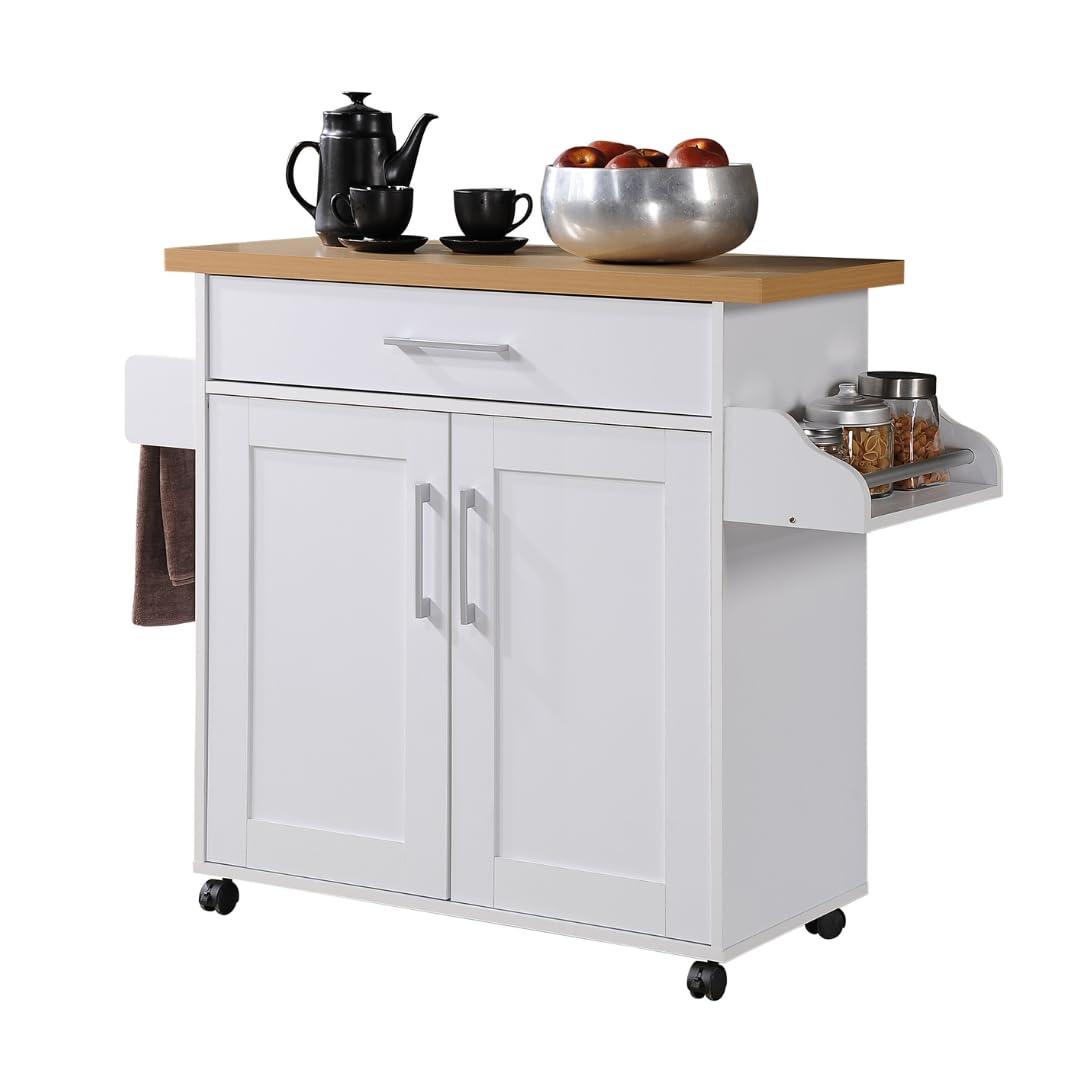 Hodedah Import Portable Kitchen Prep Storage Cart Island with Locking Wheels, Shelved Cabinet, Drawer, Spice Rack, and Towel Holder, Multicolor