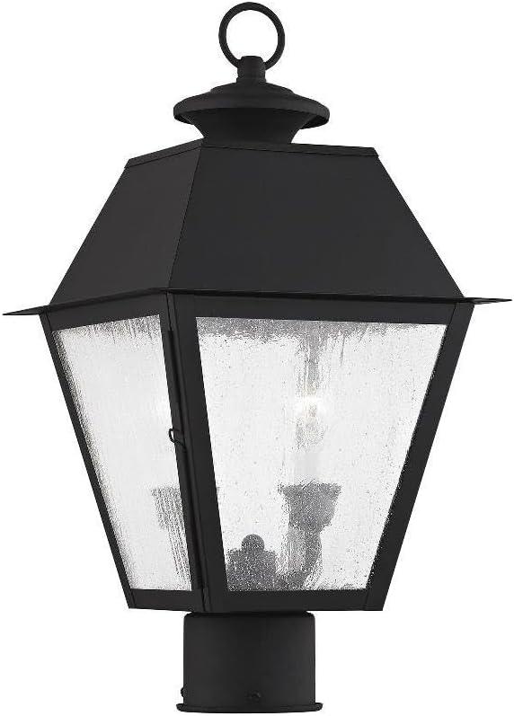 Black Brass Outdoor Post Lantern with Seeded Glass