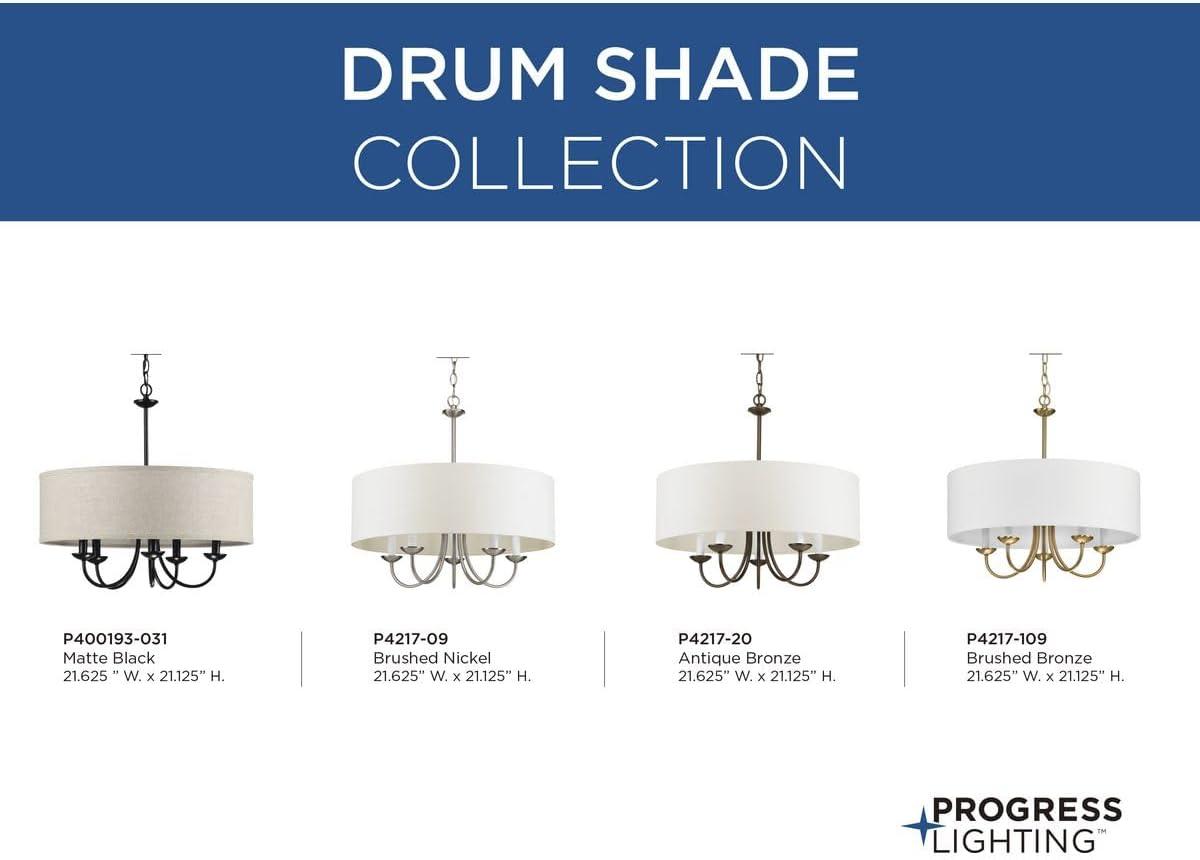 Progress Lighting, Drum Shade Collection, 5-Light Pendant, Black Finish, Harvest Linen Shade