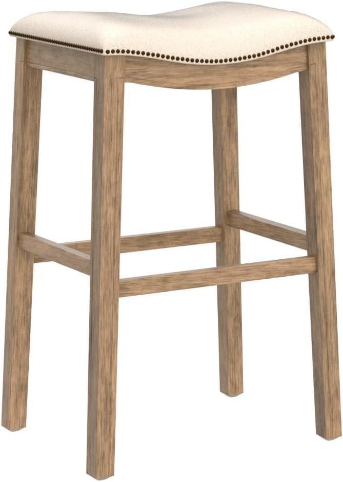 Maven Lane Adrien 31 Inch Bar Height Upholstered Backless Saddle Barstool in Natural Wood Finish with Wheat Cream Fabric Cushion Seat, Set of 2