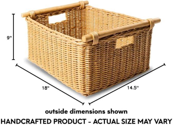 Drevy Deep Pole Handle Wicker Storage Basket, Large, 15 in L x 15.5 in W x 9.5 in H, Sandstone
