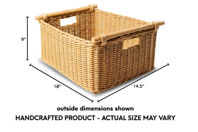 Drevy Deep Pole Handle Wicker Storage Basket, Large, 15 in L x 15.5 in W x 9.5 in H, Sandstone