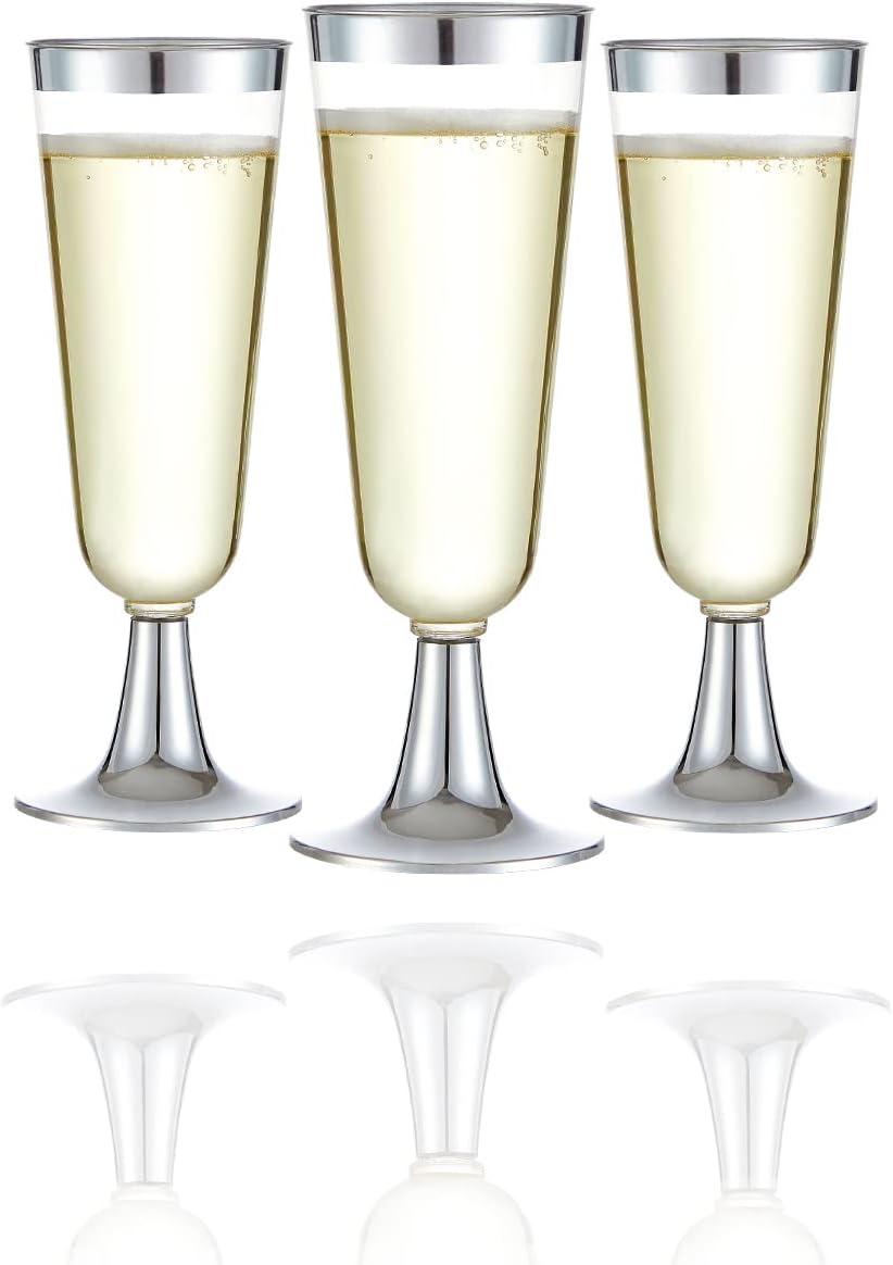 N9R 24pcs Plastic Champagne Flutes with Silver Rim, Clear Disposable Champagne Glasses 5 Oz, Perfect for Wedding and Party Toasting