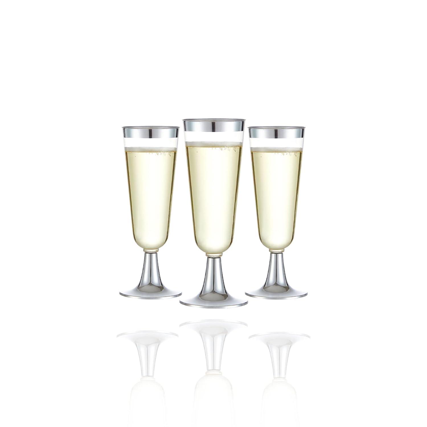 N9R 24pcs Plastic Champagne Flutes with Silver Rim, Clear Disposable Champagne Glasses 5 Oz, Perfect for Wedding and Party Toasting