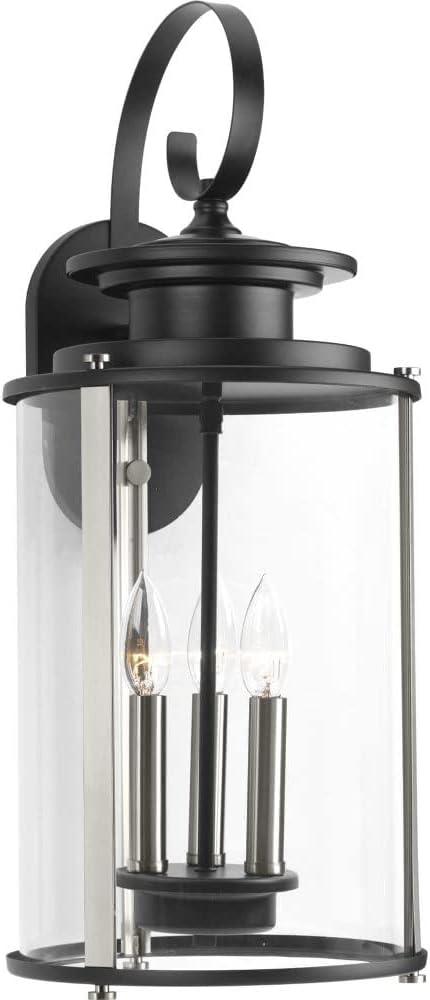 Progress Lighting Squire 3-Light Large Wall Lantern, Steel, Black Finish, Clear Glass Shade