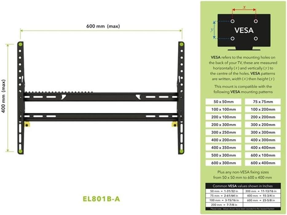 EL801B-A Adjustable Tilt Low Profile TV Mount for 40 inch to 80 inch TVs.  Black