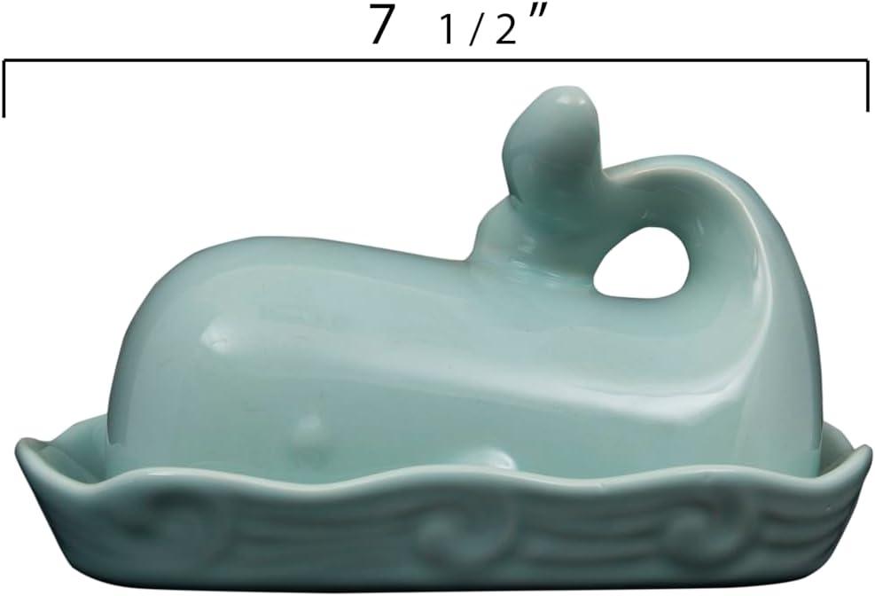 Aqua Blue Whale Shaped Stoneware Butter Dish