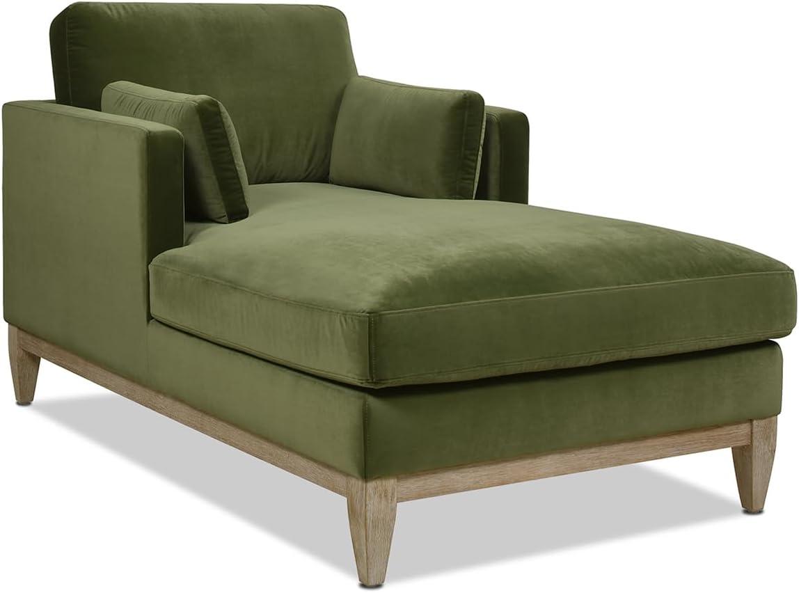 Olive Green Velvet and Wood Chaise Lounge Chair