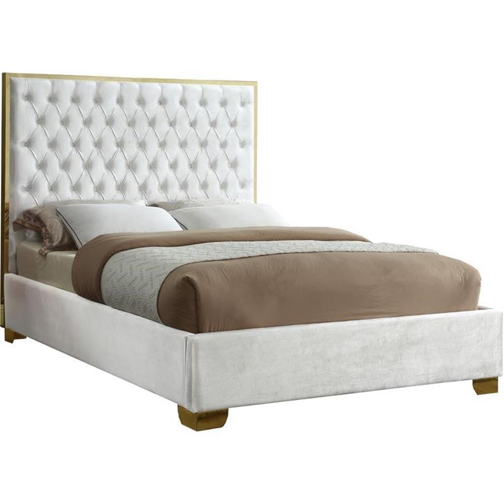 Meridian Furniture Lana Collection Modern | Contemporary Velvet Upholstered Bed with Deep Detailed Tufting and Gold Legs, King, White