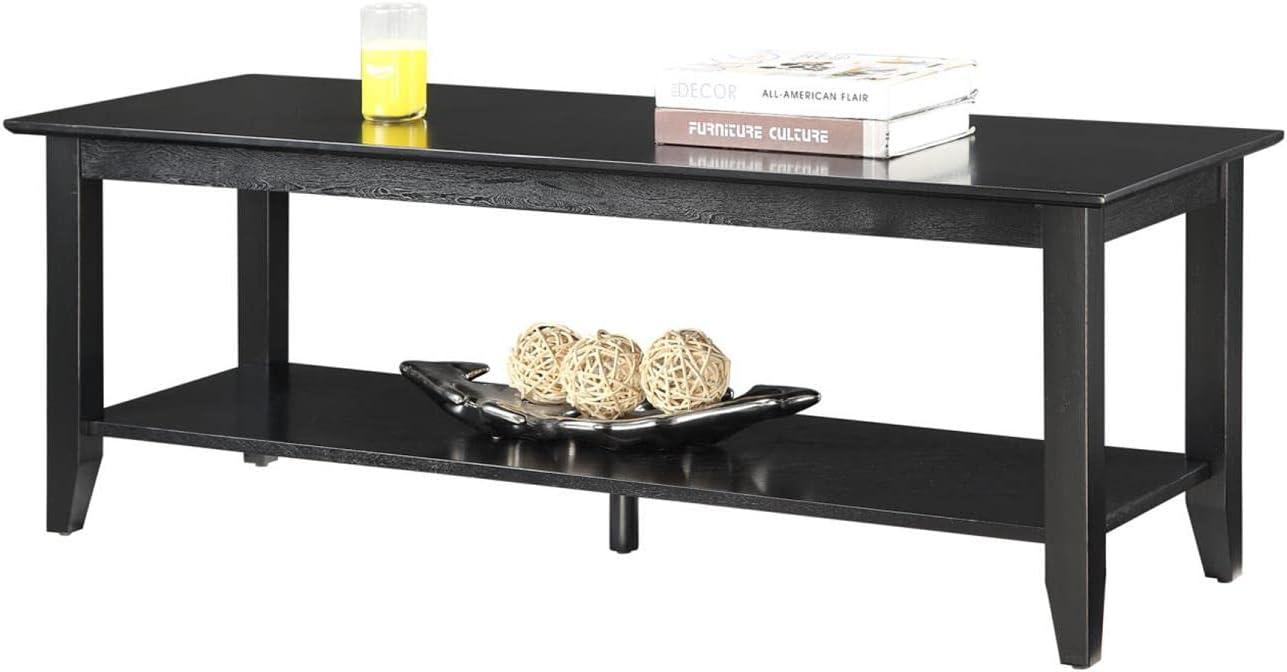 48" Black Rectangular Wood Coffee Table with Storage Shelf