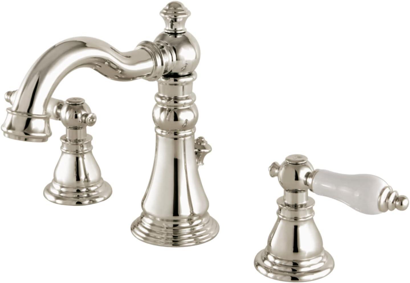 Kingston Brass American Patriot Two-Handle 3-Hole Deck Mount Widespread Bathroom Faucet with Brass Pop-Up Drain