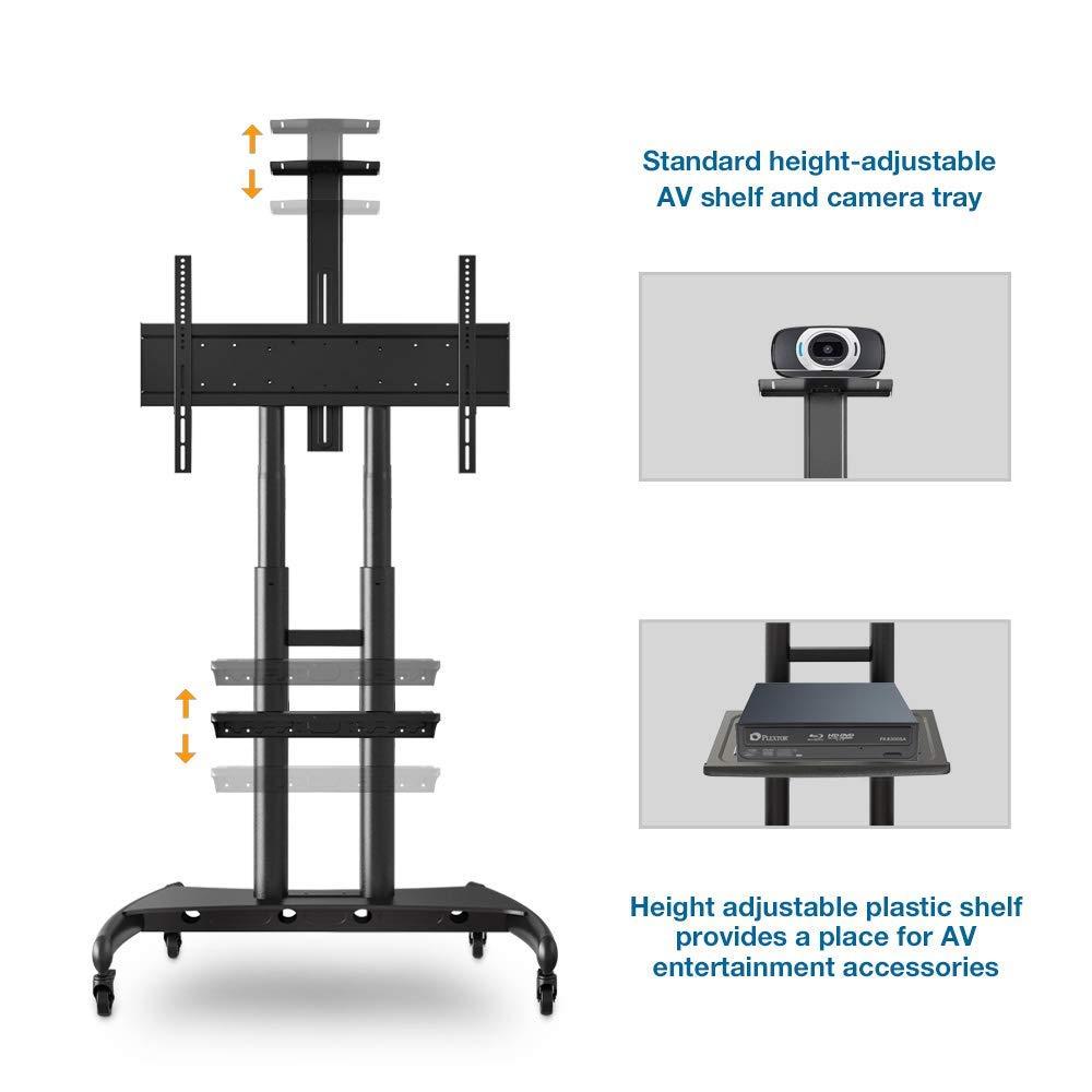 Black Steel Mobile TV Cart Stand with Adjustable Shelves