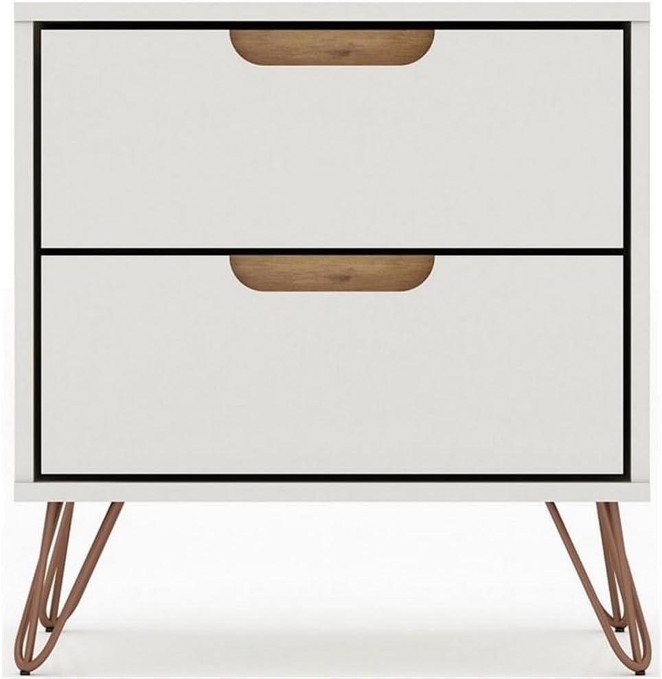 Manhattan Comfort 2.0 Rockefeller Nightstand Off White/Natural: Mid-Century Design, Splayed Metal Legs, Dual Drawers
