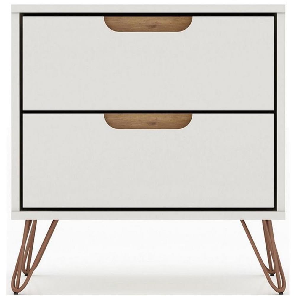 Manhattan Comfort 2.0 Rockefeller Nightstand Off White/Natural: Mid-Century Design, Splayed Metal Legs, Dual Drawers