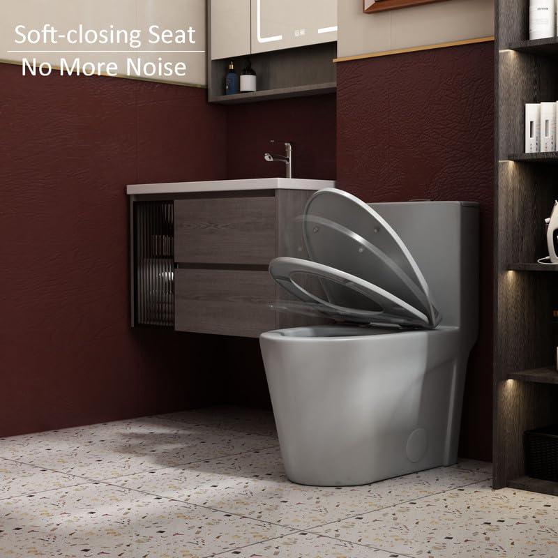 Albriya A1854 One Piece Toilet, Modern Elongated Toilet Power Dual Flush 1.1/1.6 GPF with Comfortable Chair Seat ADA Height 16 1/4’’ for Bathroom, 12’’ Rough-In, MaP 1000g, Grey