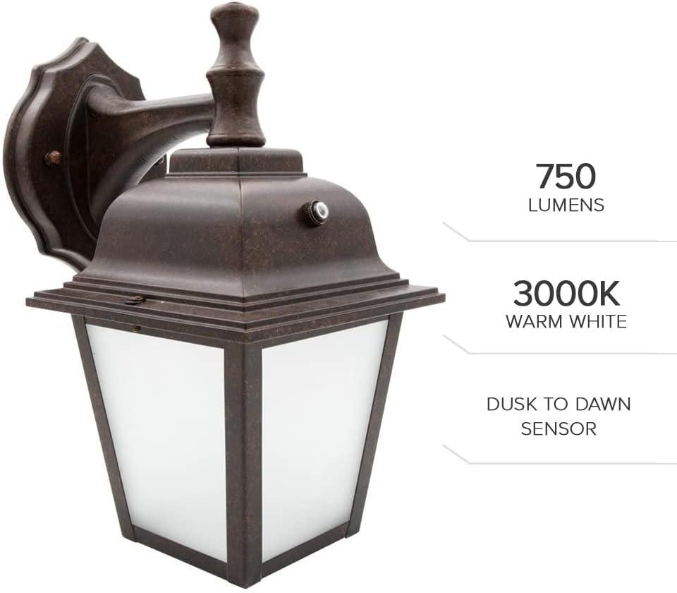 Maxxima LED Porch Lantern Outdoor Wall Light, Aged Bronze w/ Frosted Glass, Dusk to Dawn Sensor, 3000K