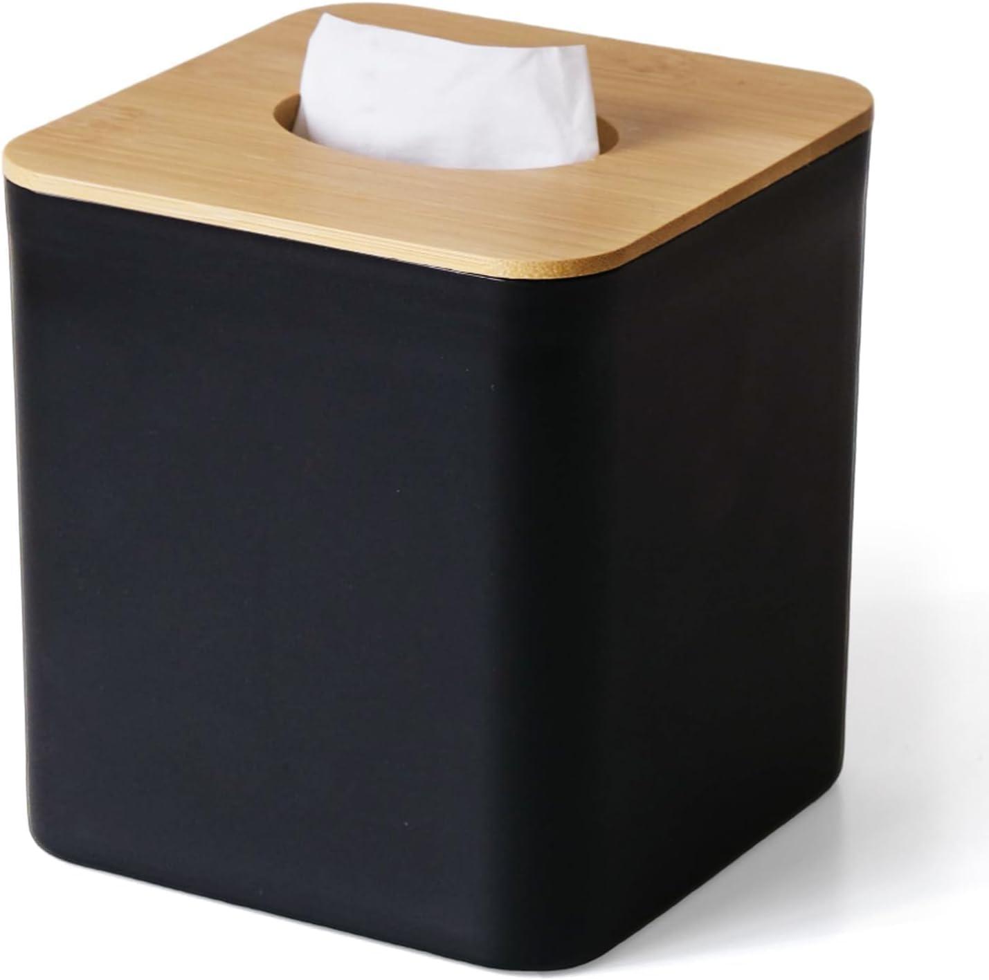 Tissue Box Cover Square, Black Tissue Box Holder with Bamboo Cover Plate, Cube Tissue Box Cover for Desk Accessories, Tissue Holders Decorative Square Tissue Box Tissue Holders for Bathrooms Bedrooms