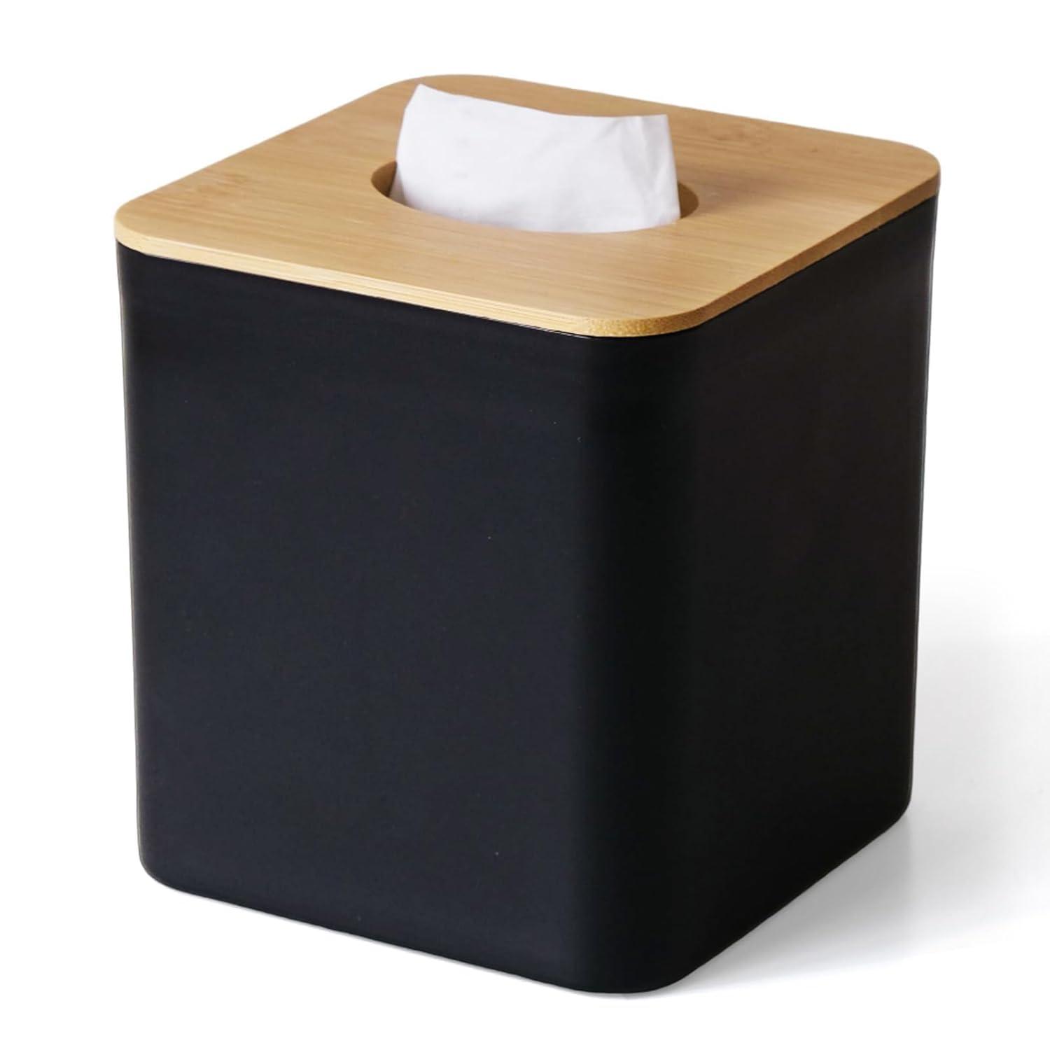 Tissue Box Cover Square, Black Tissue Box Holder with Bamboo Cover Plate, Cube Tissue Box Cover for Desk Accessories, Tissue Holders Decorative Square Tissue Box Tissue Holders for Bathrooms Bedrooms