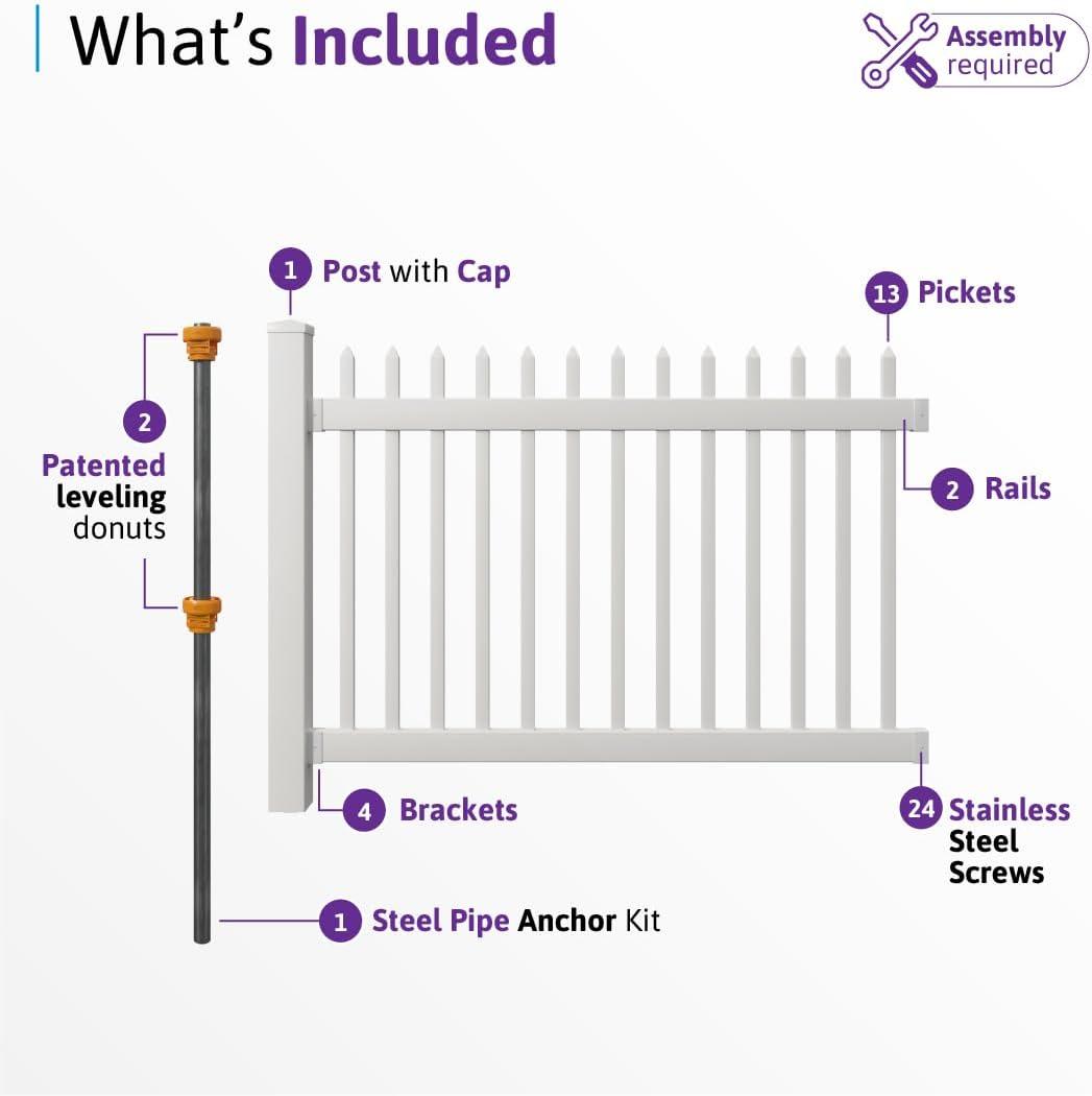 WamBam No-Dig Fence 4ft H x 6ft W (1 Panel + 1 Post) No Dig WamBam Nantucket Fence Kit, White Vinyl Picket Fence Panel, Easy DIY Installation Fence Panel Kit, Durable Outdoor Fence for Yard or Garden, BL19101