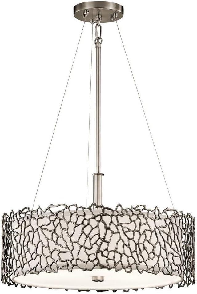 Silver Coral 11" 3 Light Convertible Pendant with Etched Diffuser and White Fabric Shade in Classic Pewter